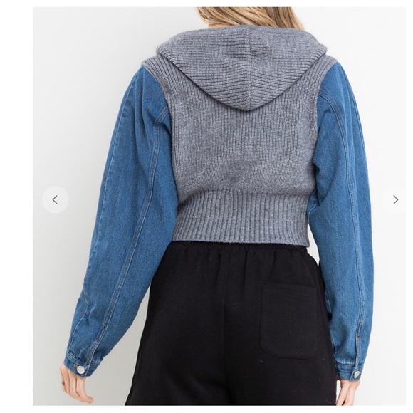 Rib Knit and Denim Contrast Crop Hoodie Jacket - Picture 3 of 6